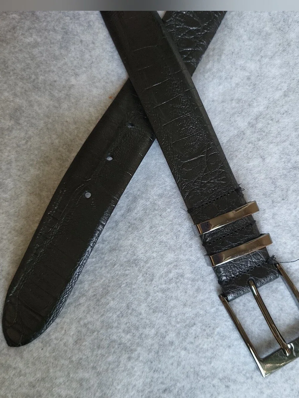 Italian Leather Belt Mens 36/90 Black Crocodile Embossed Gunmetal Handmade Italy